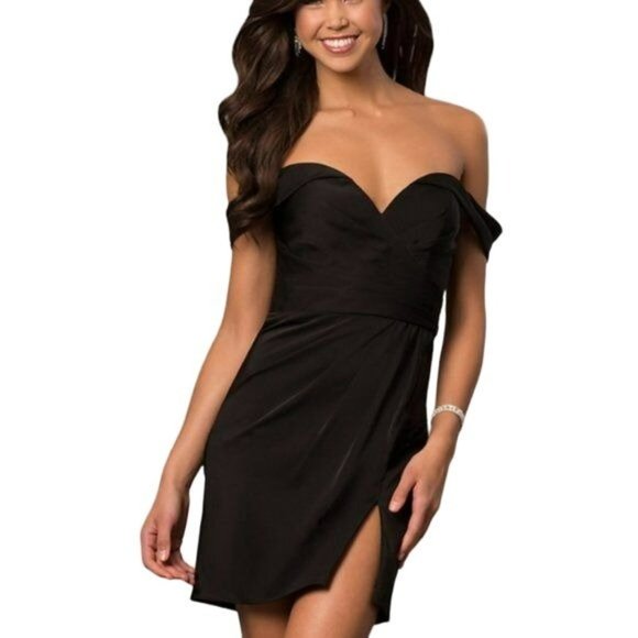 Faviana Off-the-Shoulder Plunging Cocktail Mini Dress Black Size 2  NWT - Picture 1 of 4